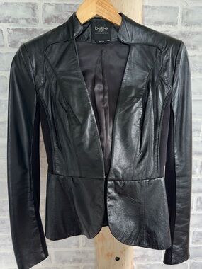 Bebe Black Genuine Leather Peplum Jacket
